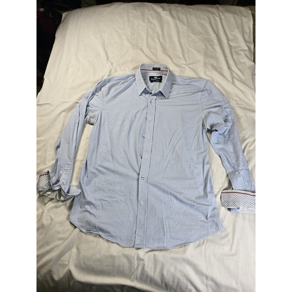 Buttercloth Shirt Mens‎ XL Blue Geometric Slim Fit Cotton Button Long Sleeve